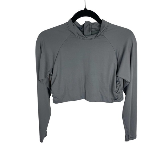 Athleta Cropped Long Sleeve Gray Top Large Tee Ruched Fitted - Picture 1 of 9
